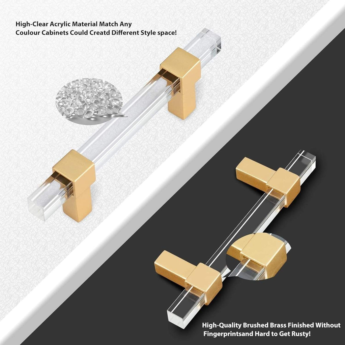 Set of 10 Peaha Clear Acrylic Cabinet Drawer Pulls, 3" Square Gold Kitchen Hand