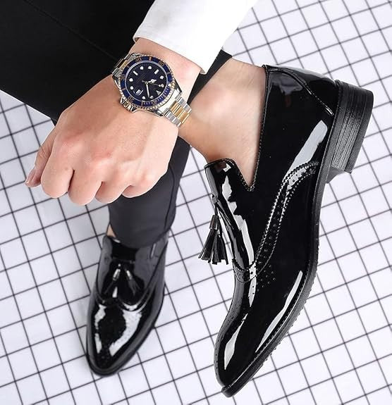 Santimon Men's US 8 Black Patent Leather Wingtip Tassel Loafers Dress Shoes