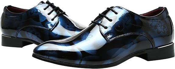 Santimon Men's US 9.5 - 12 Blue Floral Printed Patent Leather Dress Oxford Shoes
