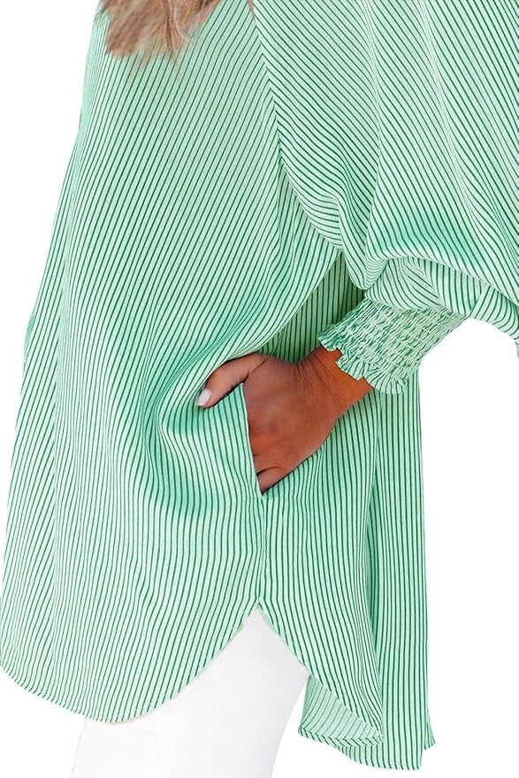 Women's S-2XL Green Button Down V Neck Casual Smocked Cuffed Stripe Shirt Long