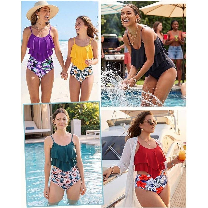 MSRP $35 American Trends Women's L High Waisted Tankini Swimsuit Flounce Top T