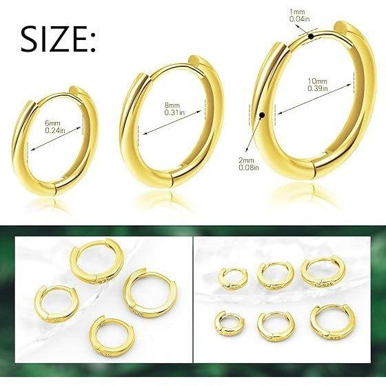 Set of 2 925 Silver 6mm Gold Color Huggie Hoop Earrings Cartilage Piercing Jewel