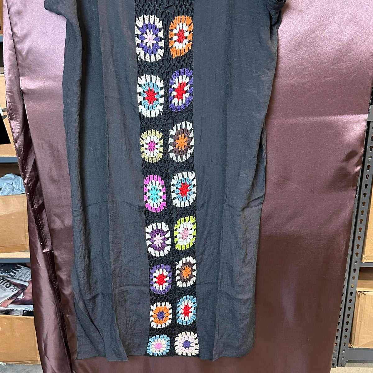 Women's Black One Size Swim Summer Cover-Up Dress w/ Floral Crochet