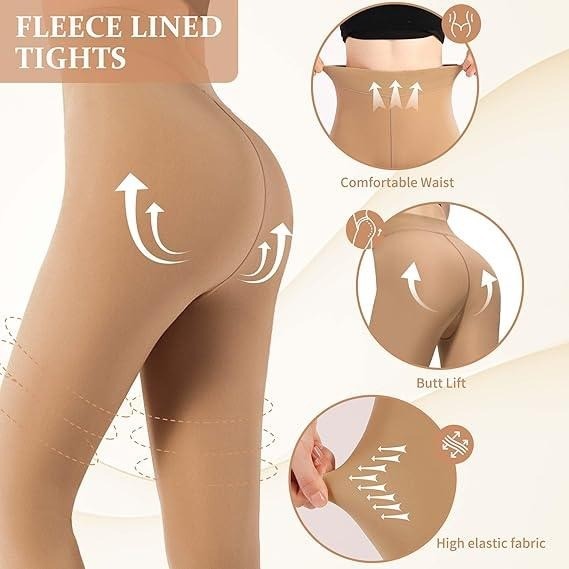 MARTIZA Women's Large-M Beige Fleece Lined Tights Fake Translucent Winter Therma