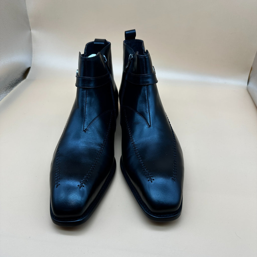 Santimon Men's US 7.5, 12 Black Leather Buckle Strap Zipper Ankle Dress Boots