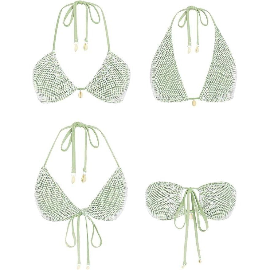 MSRP $47 seamoly Women's S Two Piece Bathing Suit Fishnet Shell Tie Back Halt