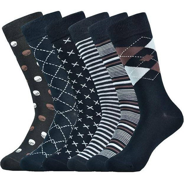 Set of 6 SUKBRGIR Men's US 8-13 Black Geometric Dress Socks Business Casual
