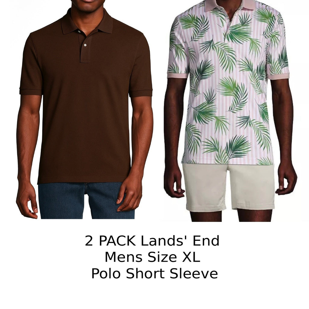 2 Pack Lands' End Mens XL Polo Short Sleeve - Rich Coffee & White/Pink Striped
