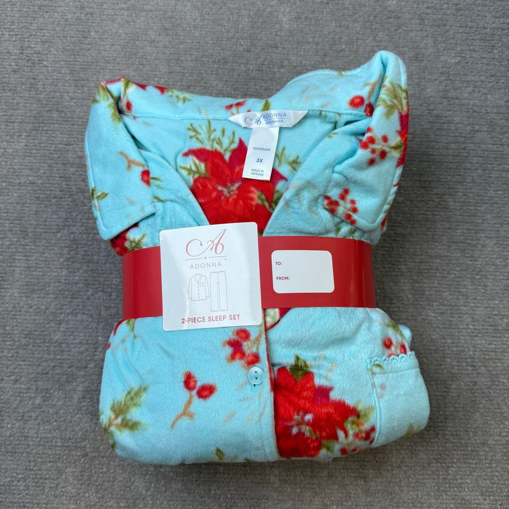 Adonna Womens 3X Aqua Poinsetta Fleece Long Sleeve 2 Piece Pajama Set