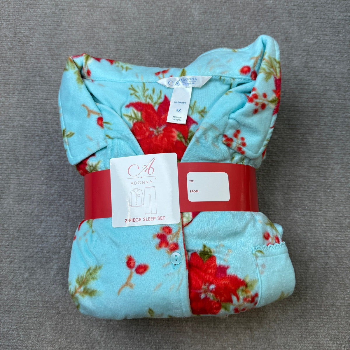 Adonna Womens 3X Aqua Poinsetta Fleece Long Sleeve 2 Piece Pajama Set