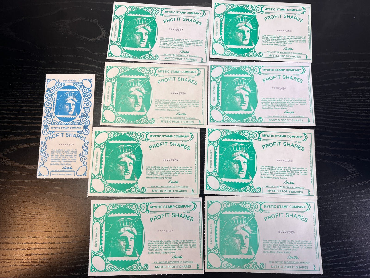 Lot of Mystic Stamp Co. Mystic Profit Shares 1989