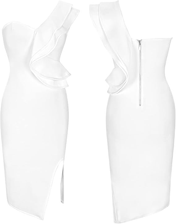 Uonbox Women's S, L White One Shoulder Sleeveless Side Split Bandage Dress