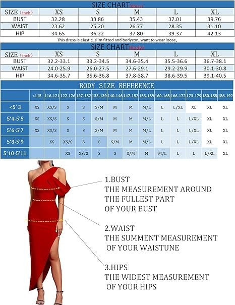 UONBOX Women’s XS-XL Red One Shoulder Side Split Bodycon Midi Bandage Dress