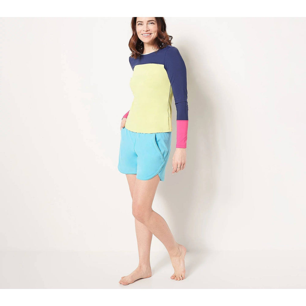 Lands' End Women's S Long Sleeve UPF 50 Rash Guard Crew Neck Yellow/Navy/Pink