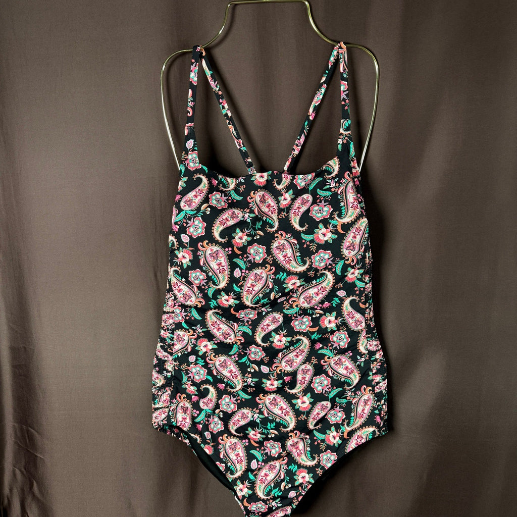 Lands' End Women's L LONG Smocked One Piece Square Neck Swimsuit Adjustable Stra