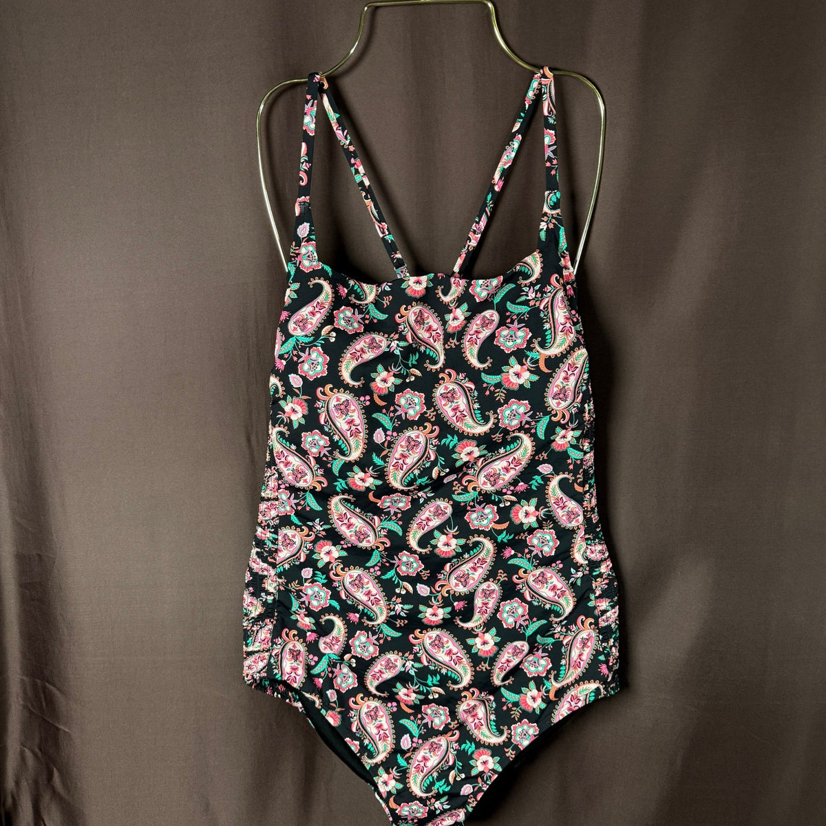 Lands' End Women's L LONG Smocked One Piece Square Neck Swimsuit Adjustable Stra