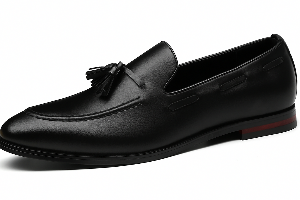 Santimon Men's US 12.5 Black Tassel Flats Loafers Slip On Dress Shoes