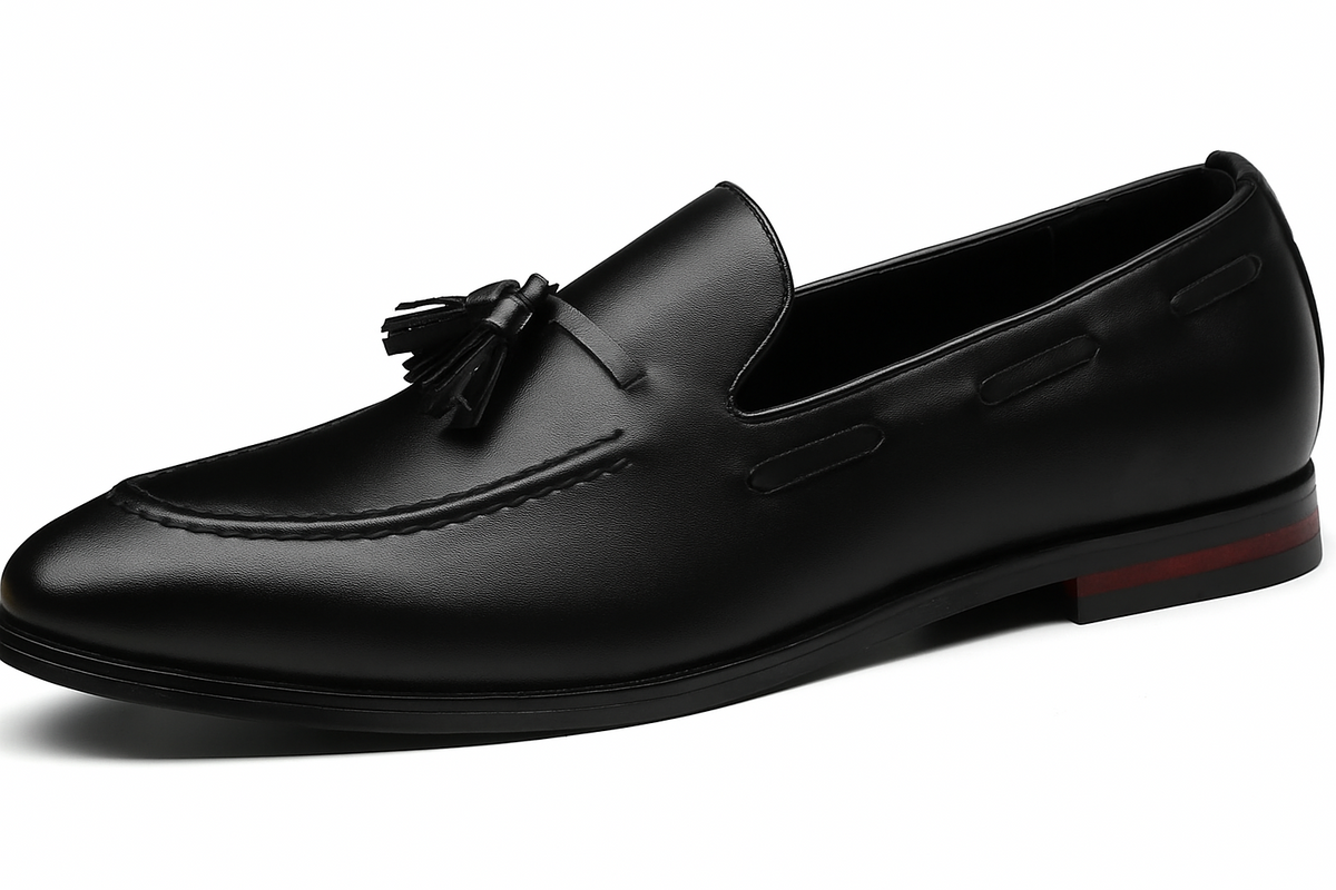 Santimon Men's US 12.5 Black Tassel Flats Loafers Slip On Dress Shoes