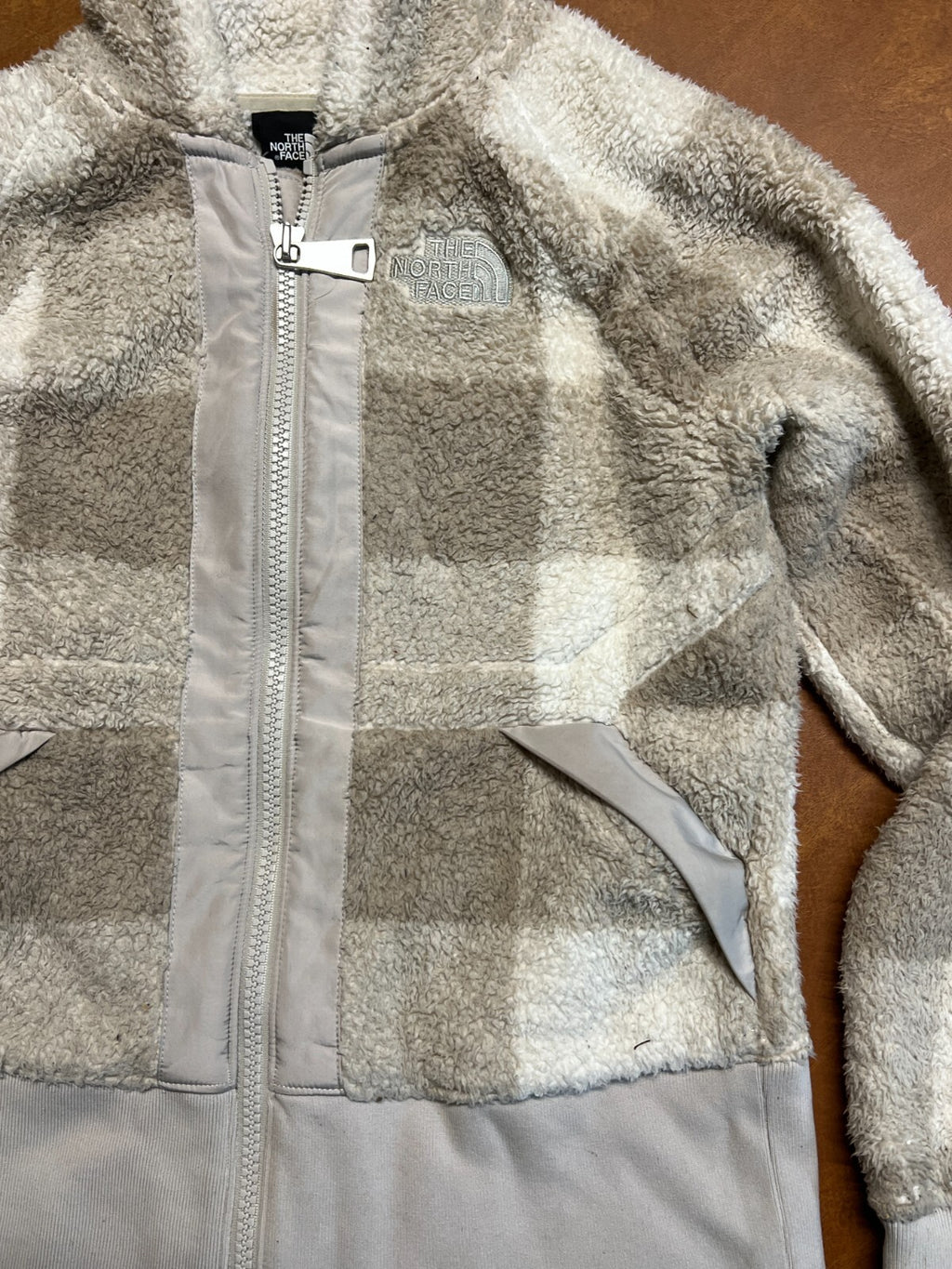 The North Face Women's XS Tan Plaid Full Zipper Hooded Sherpa Fleece Jacket #241