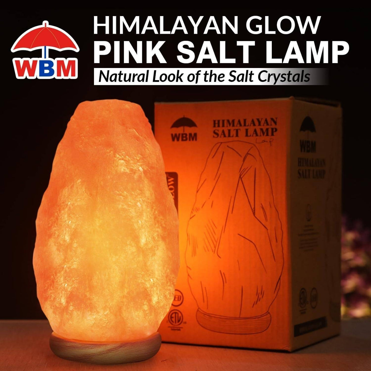 WBM USB Himalayan Salt Lamp with Touch Dimmer Control, Wooden Base, LED Bulb