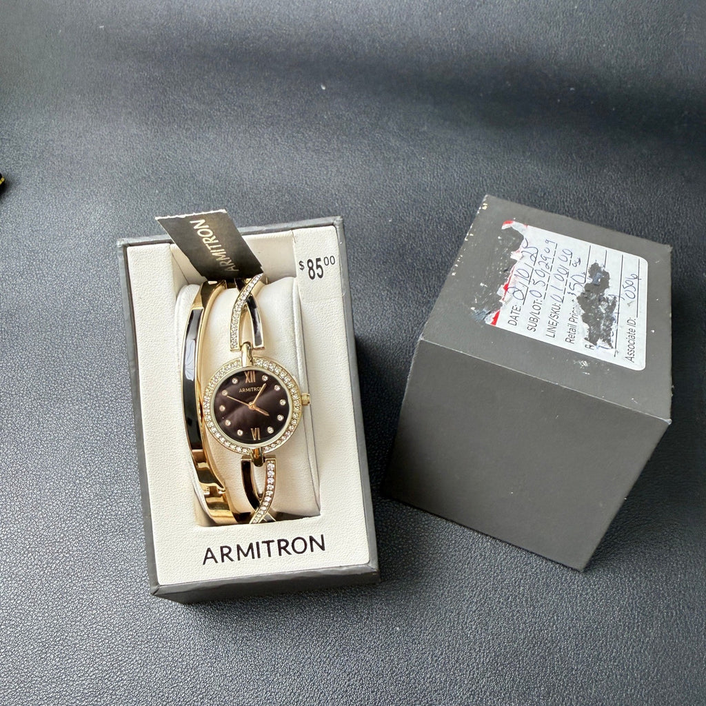 MSRP $85 Armitron 75/5720 Women's Gold/Black Tone Watch and Bracelet Set New B