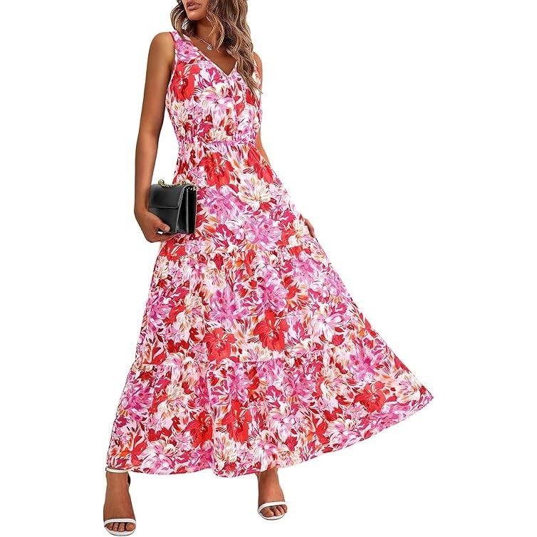 MSRP $54 BTFBM Women's Rose Red Flower L Summer Maxi Dress V-Neck Wedding Gu