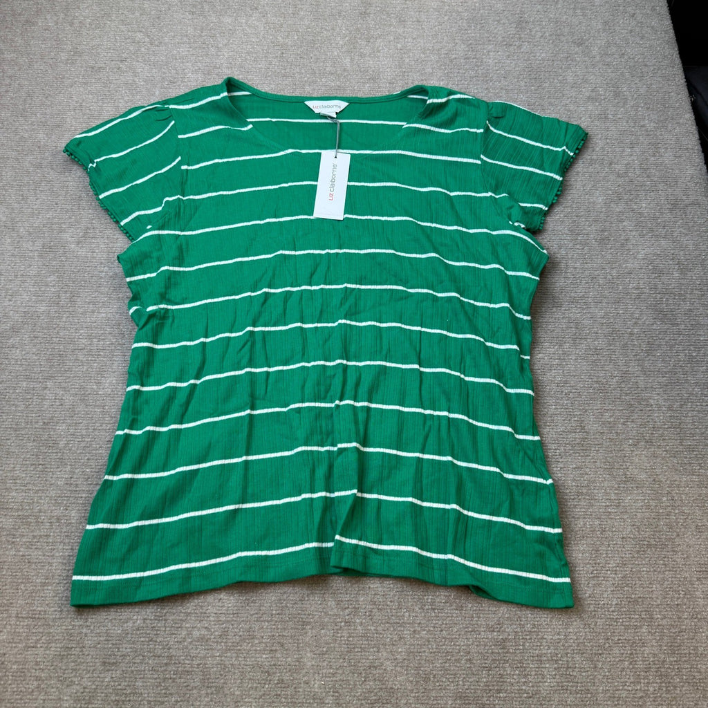 NWT Liz Claiborne Womens 1X Hyper Green Stripe Short Sleeve T-Shirt Round Neck