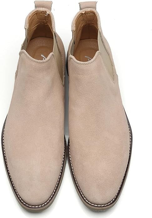 Santimon Men's US 6-6.5 Beige Suede Casual Chelsea Ankle Dress Boots