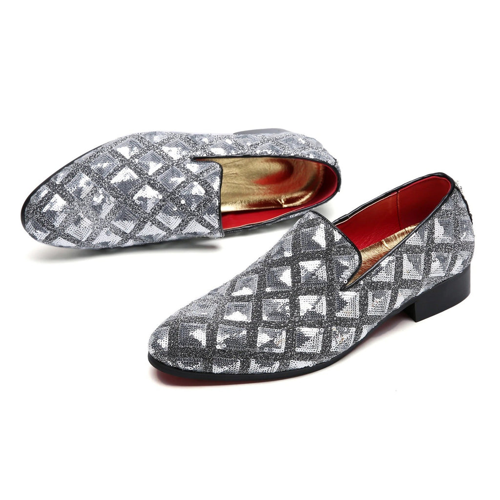 Santimon Mens US 12 Silver Paillette Glitter Smoking Slip On Loafers Dress Shoes