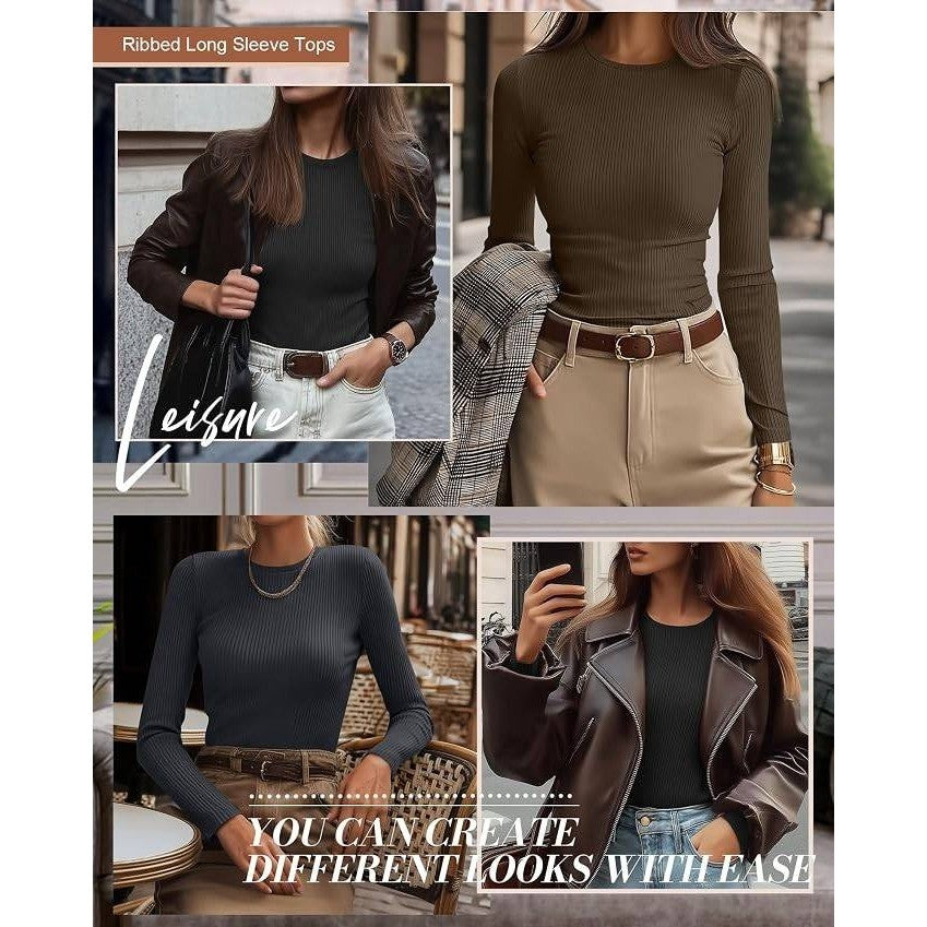 MSRP $51 Ficerd 3 Pack Women's M Ribbed Crew Neck Long Sleeve Shirts Slim Fitte