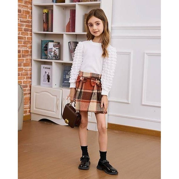 MSRP $25 Coaturi Girls 6Y Clothes Sets 2 Piece Puff Sleeve Tops Plaid Mini Skir
