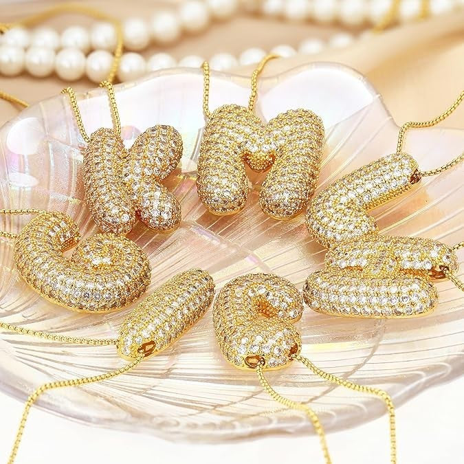 Gold Bubble Letter Women's Necklace G–W Initial Pendant, 18K Gold Plated Chunky