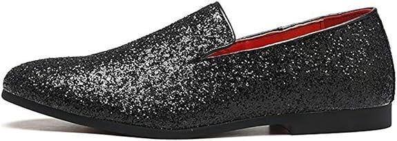 Santimon Men's US 6.5 - 12.5 Black Glitter Slip-On Loafers Sequin Dress Shoes