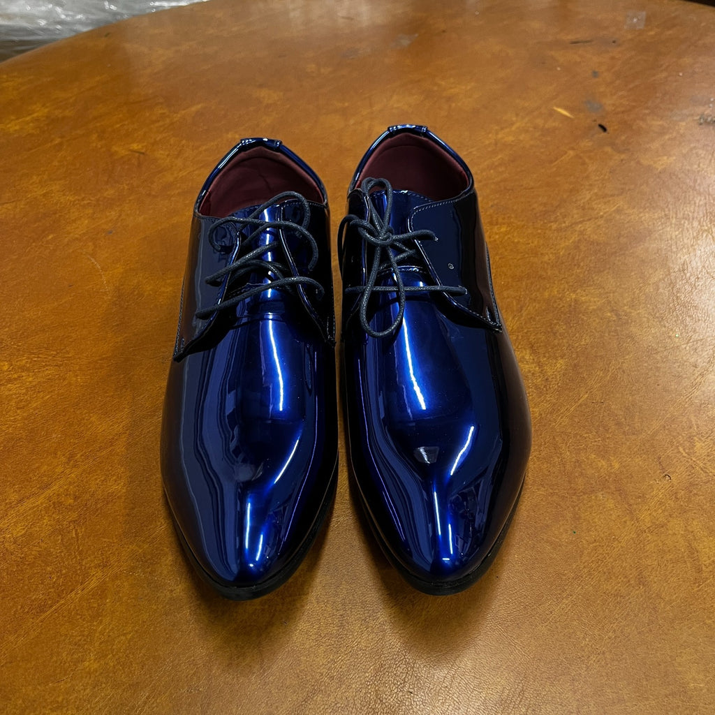 Santimon Men's US 7 - 11 Blue Patent Leather Shiny Derby Pointed Toe Shoes