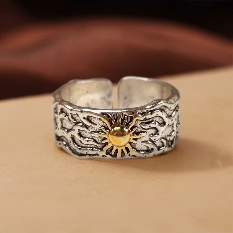 Retro Golden Sun Ring 925 Sterling Silver Mens Punk Gothic Trendy Jewelry Size 8