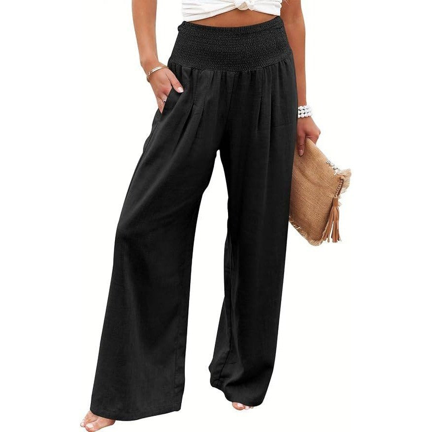 MSRP $36 ANRABESS Women's M Linen Palazzo Wide Leg Pants with Pockets Smocked