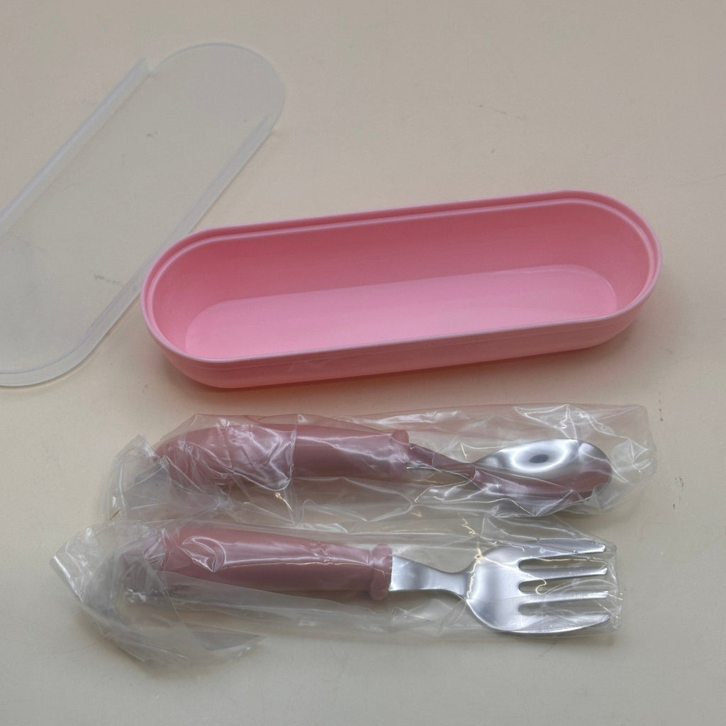 Set of 3 Kids Pink Stainless Steel Fork & Spoon w/ Storage Case Portable Travel