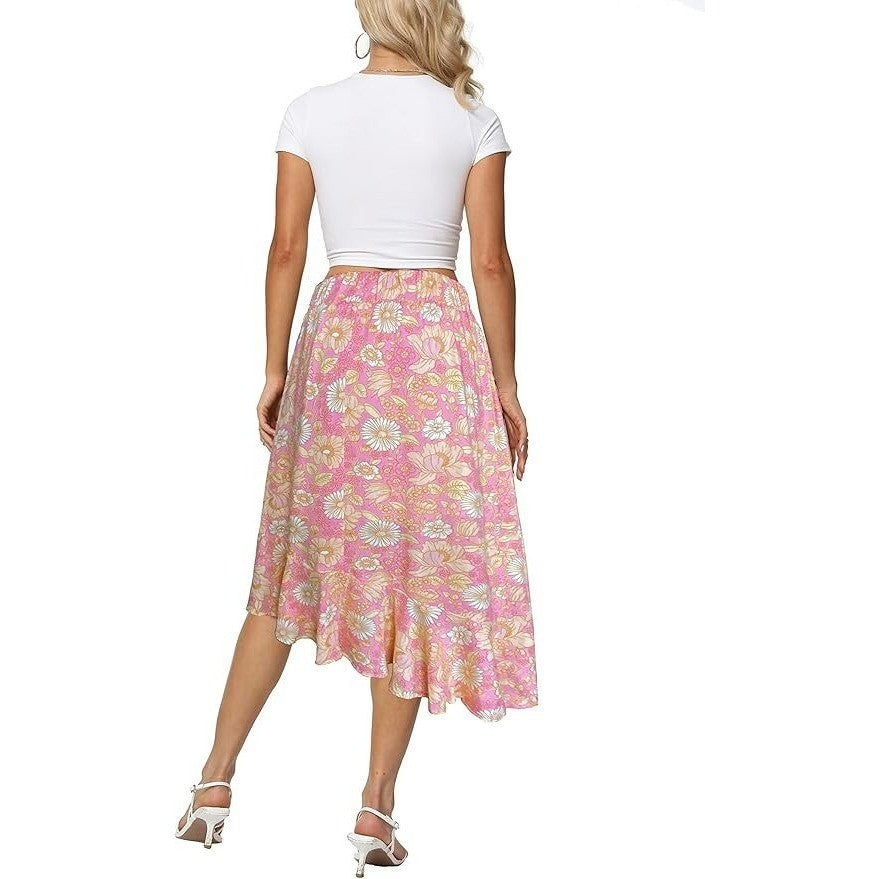 Small Sinono Women's Boho Floral Print High Waist High Low Asymmetric Split