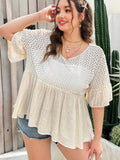Dreamara Women's Plus Size 1XL Apricot Knitted Ruffle Trim Blouse For Holiday Su
