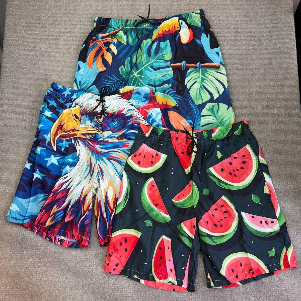 Set of 3 Men's XL Toucan Eagle Watermelon Swim Trunks Quick Dry Beach Shorts M