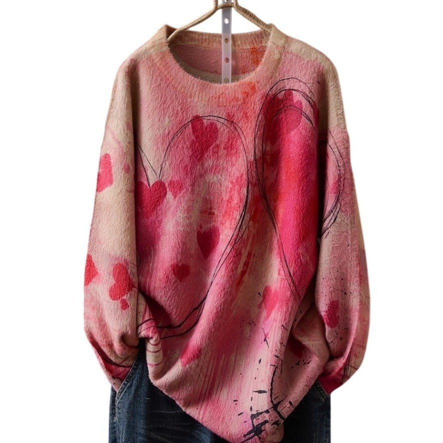 Womens XL Pink Heart Pattern Crew Neck Pullover Fall & Winter Knit Sweater