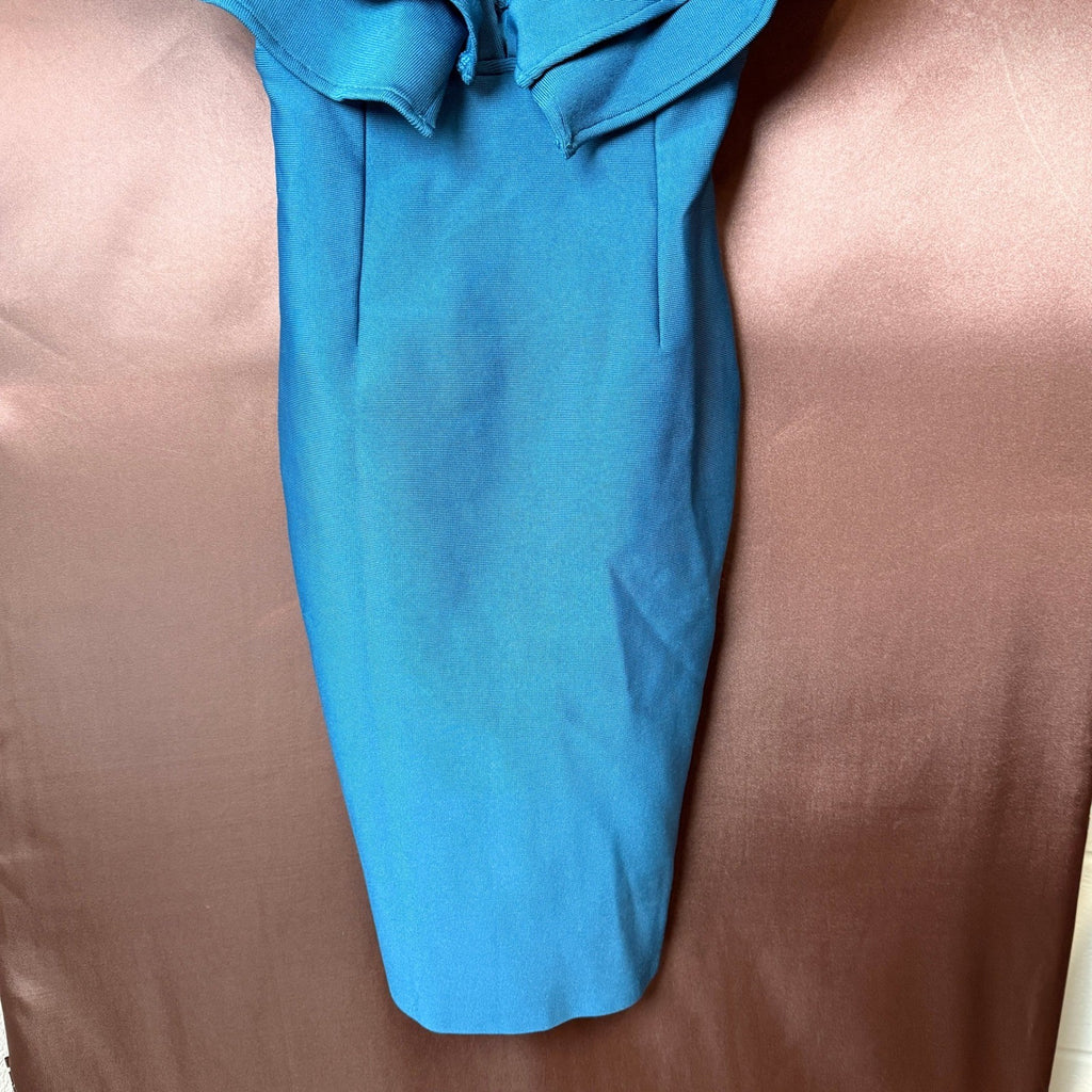 Uonbox Women's M Blue Ruffle Short Sleeve Plunge V Neck Bodycon Dress Back Spli