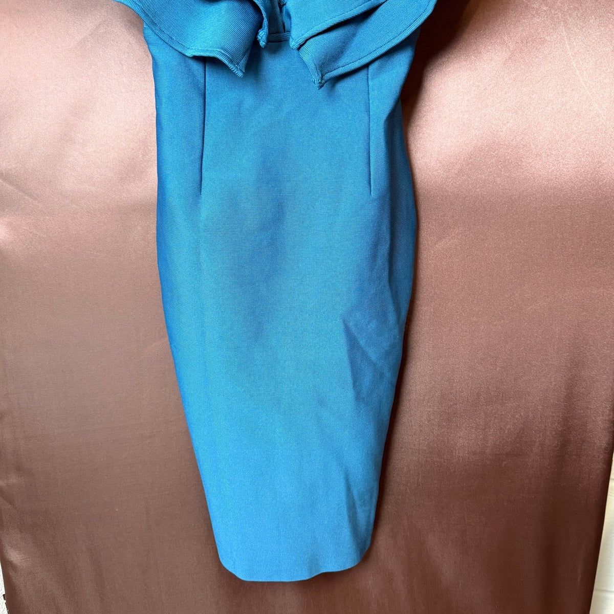 Uonbox Women's M Blue Ruffle Short Sleeve Plunge V Neck Bodycon Dress Back Spli