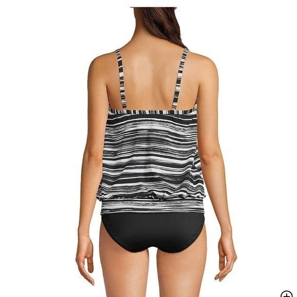 Lands' End Women's 16 LONG UPF 50 Blouson Tankini Swimsuit Top Black/White Ombre
