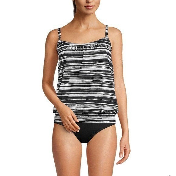Lands' End Women's 16 LONG UPF 50 Blouson Tankini Swimsuit Top Black/White Ombre