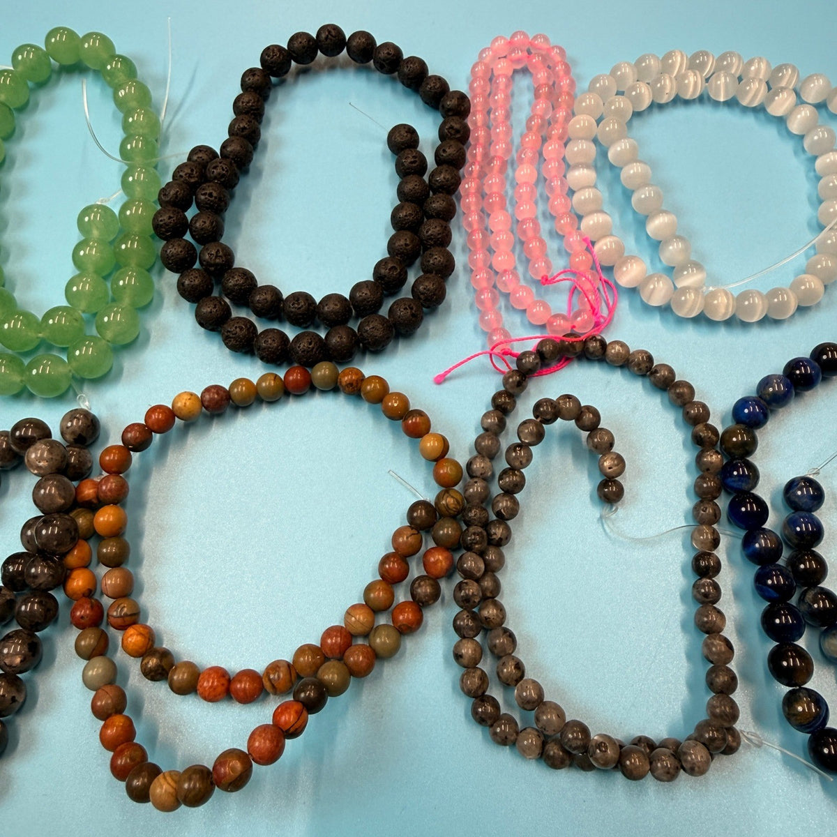 Set of 10 Natural Gemstone Round Beads Strands 15" Sizes 6,8,10 mm 12oz №B23