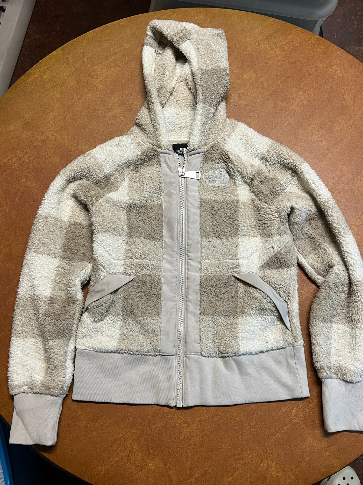 The North Face Women's XS Tan Plaid Full Zipper Hooded Sherpa Fleece Jacket #241