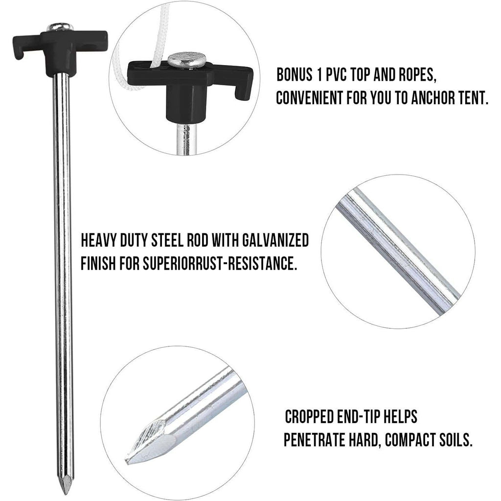 Set of 10 ABCCANOPY 11" Tent Stakes Non-Rust Metal Ground Anchors with 4 Rope