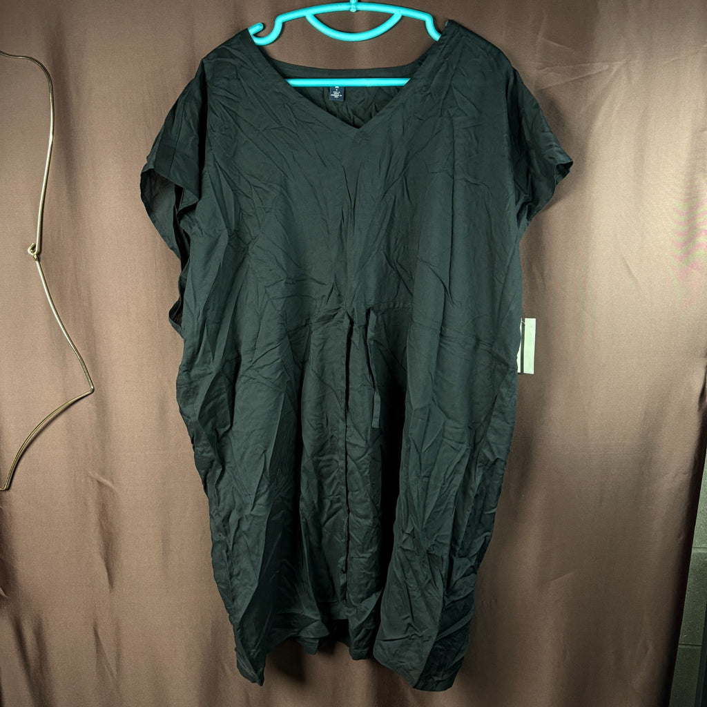 Lands' End M-L LONG Sheer Oversized Black Gathered Waist Swim Cover-up Dress Sho