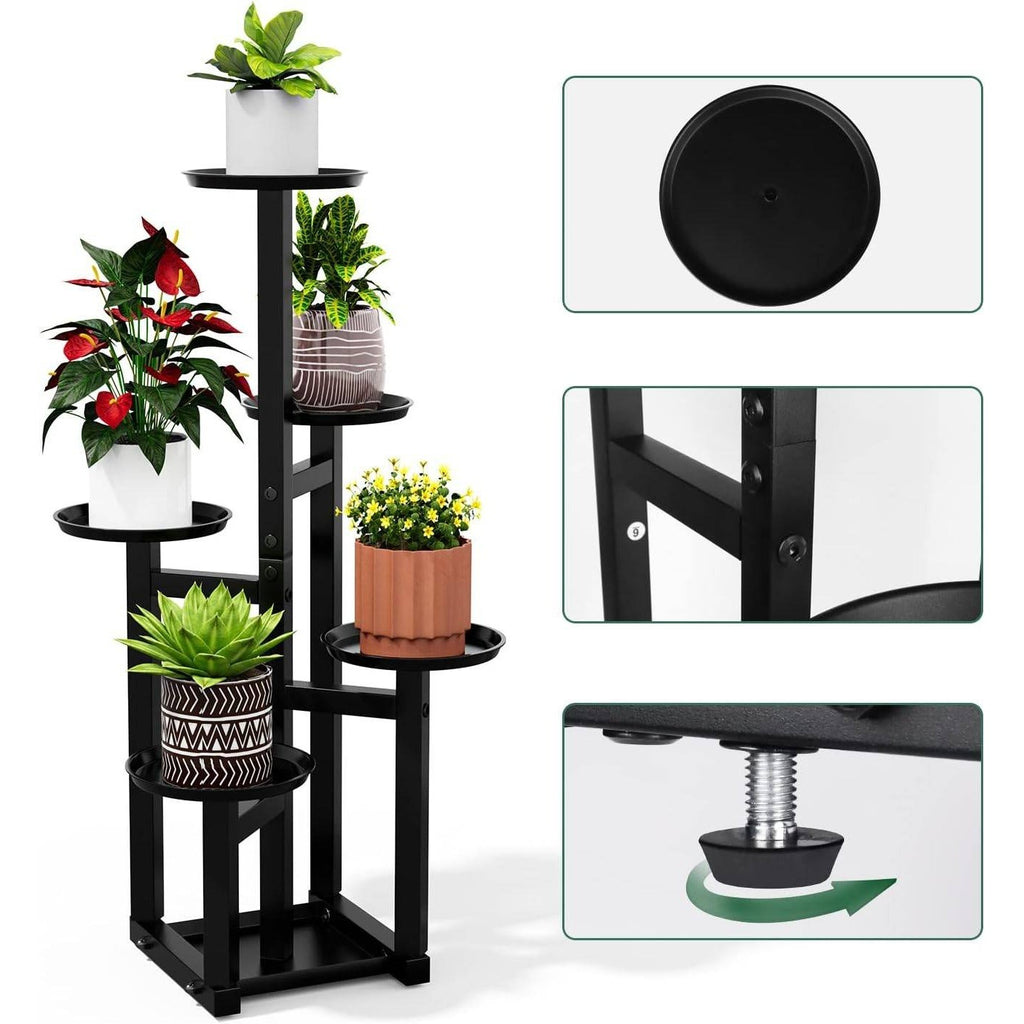 POTEY 5-Tier Black Metal Plant Stand, Tall Corner Display Shelf for Multiple